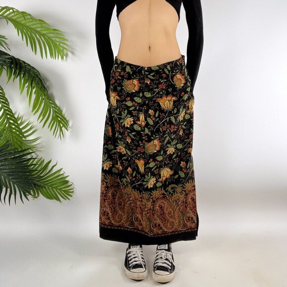 Vintage 90s Black Floral Paisley Cottagecore Fairy Grunge Boho Midi Skirt / 12 - Picture 1 of 6